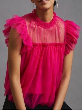 Sunday in Brooklyn Hot Pink Sheer Ruffled Sleeveless Blouse Medium